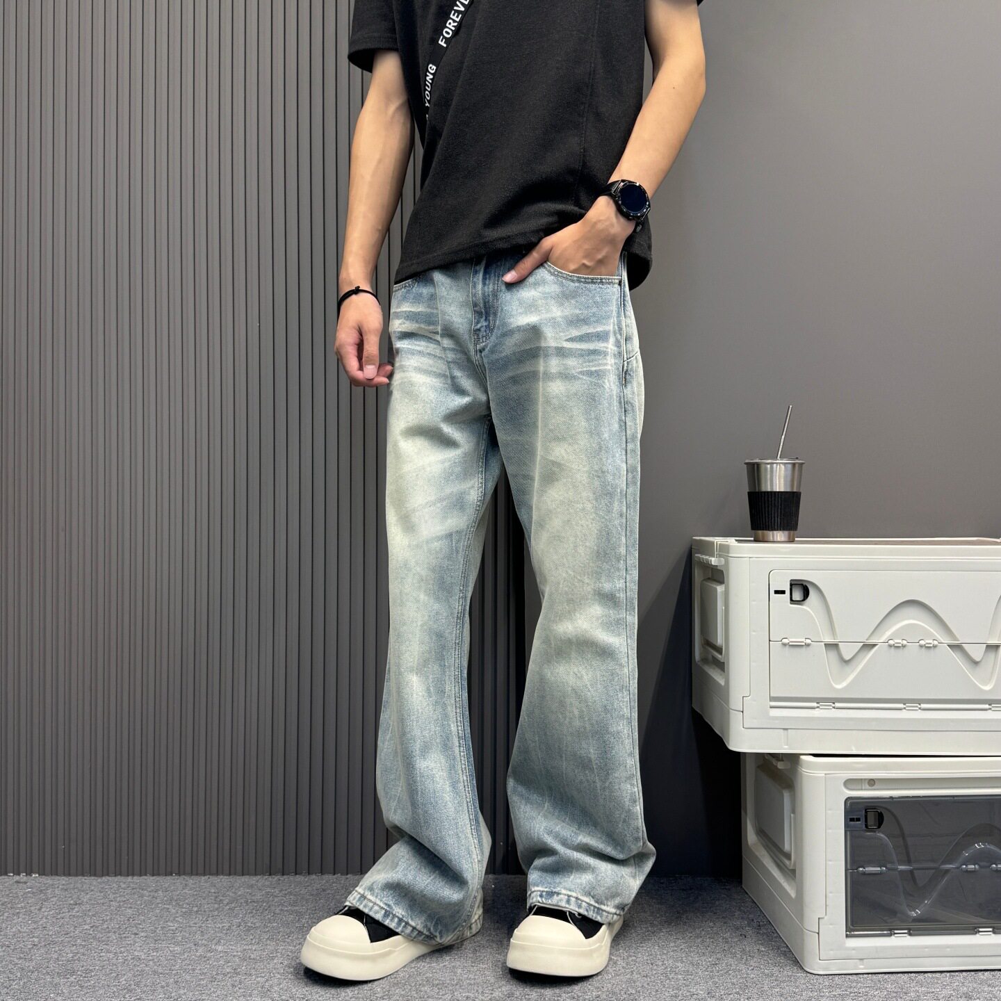 基础款户外风牛仔蓝牛女水洗猫须牛仔裤微喇宽松休闲直筒裤子男酷