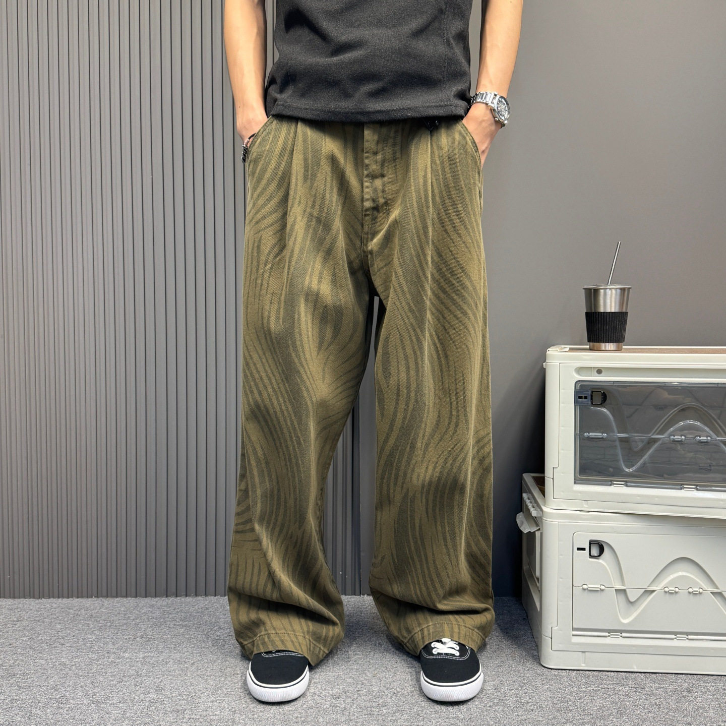 复古风水波纹螺纹印花牛仔裤情侣休闲宽松直筒阔腿牛仔裤男女同款