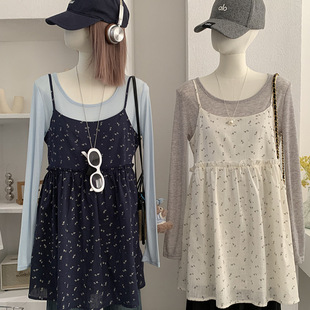 欧玛莱 圆领长袖打底衫T恤叠搭碎花无袖中长款吊带衫两件套女6400