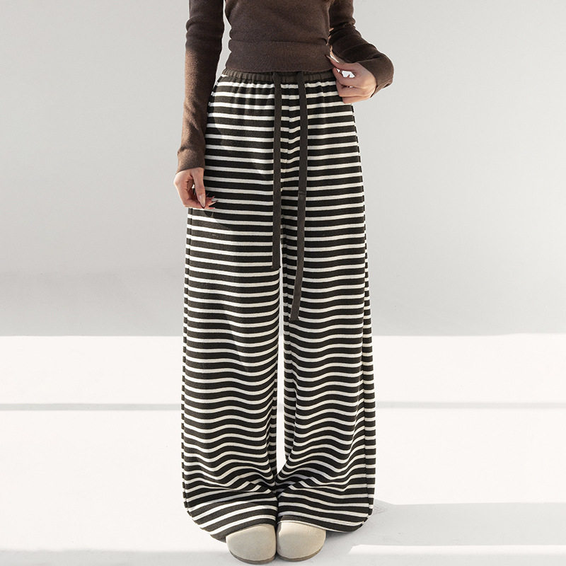 咖色加绒条纹裤女冬季2025新款高腰直筒裤韩系显瘦慵懒加厚阔腿裤