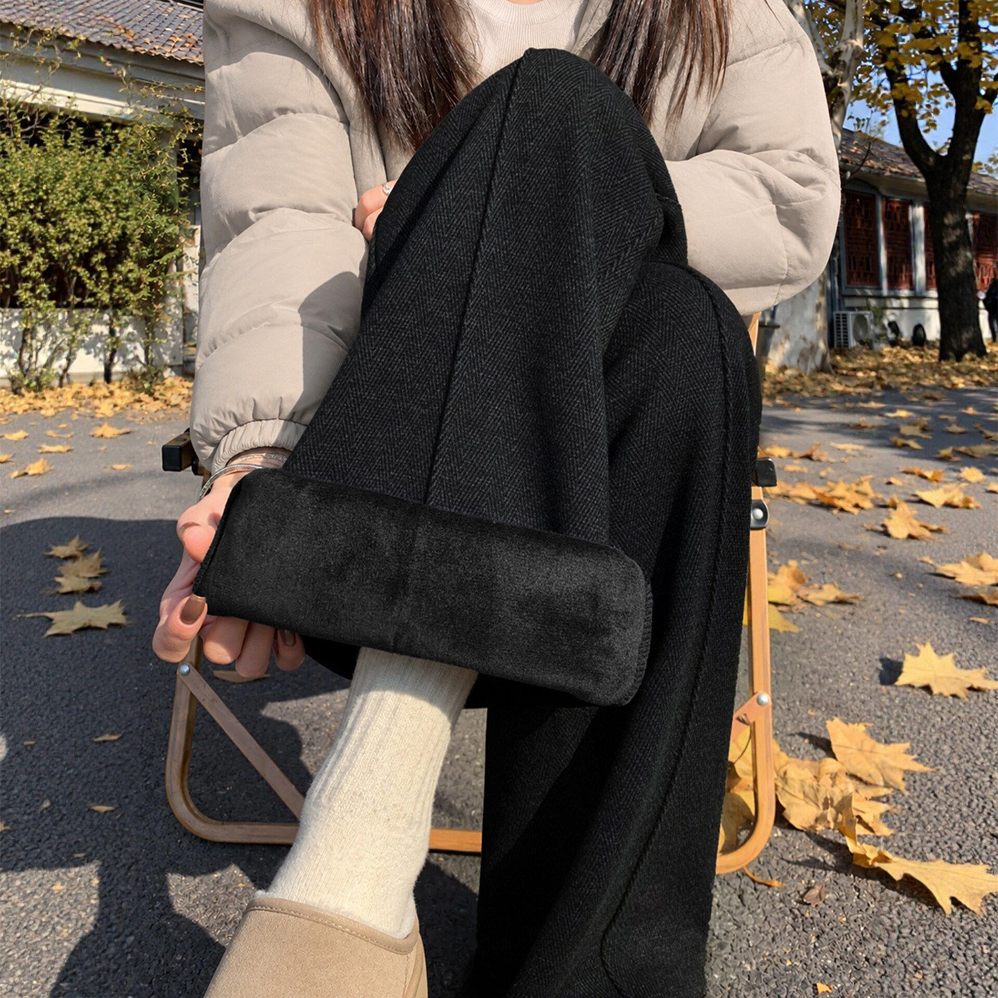人字纹毛呢窄版阔腿裤女裤子秋冬季高个子加长羊毛糯米牛仔直筒裤