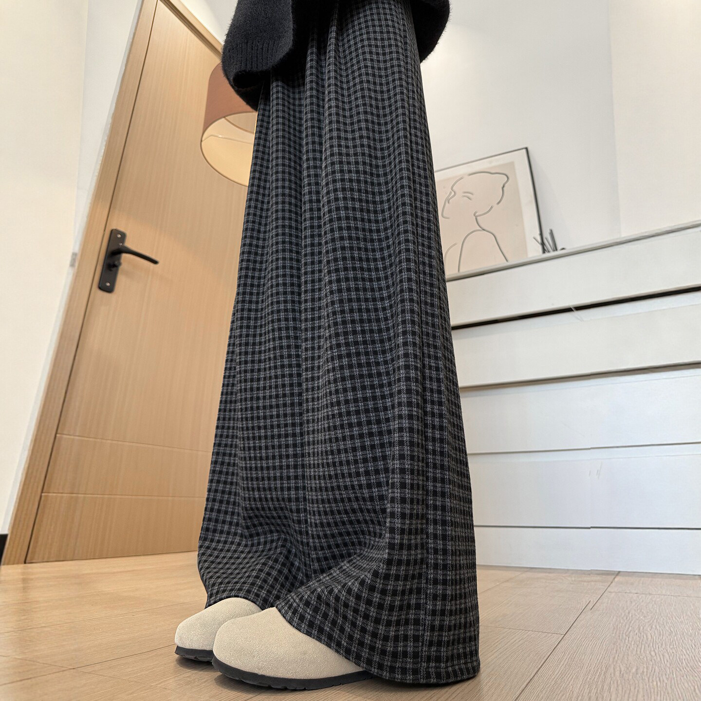黑色格子裤子女2026新款秋季休闲宽松慵懒风小个子直筒窄版阔腿裤
