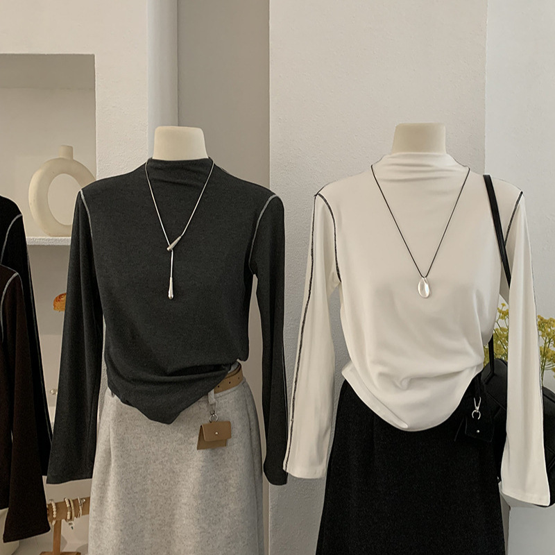 欧玛莱 2025冬季新款半高领显瘦明线撞色加绒长袖打底衫T恤女5719