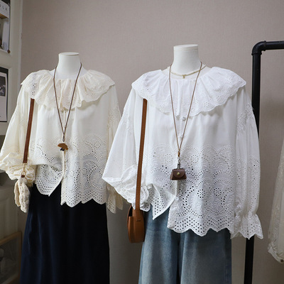 [比正]2026早春新韩版荷叶边镂空减龄刺绣显瘦百搭长袖衬衫女5840