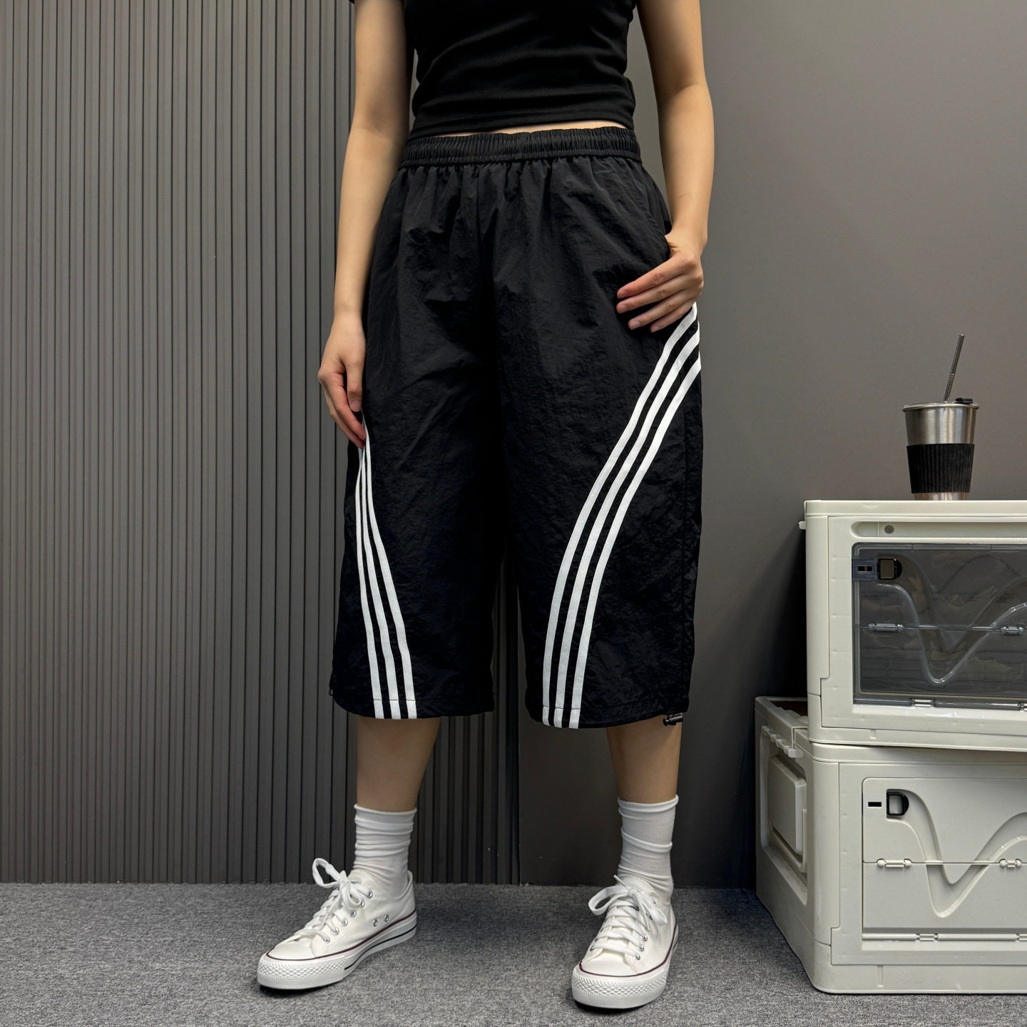 美式复古薄款速干休闲运动七分裤男女同款直筒宽松阔腿短裤夏新款