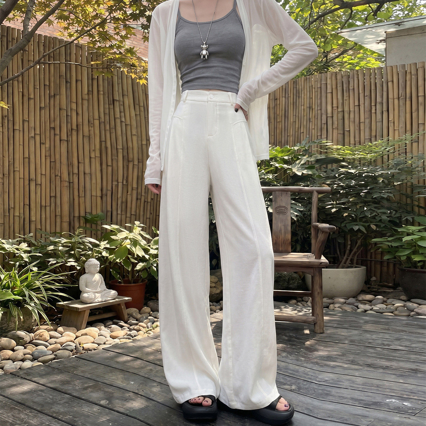 白色亚麻西装裤女2026新款夏薄款老钱风垂感休闲直筒棉麻阔腿裤子