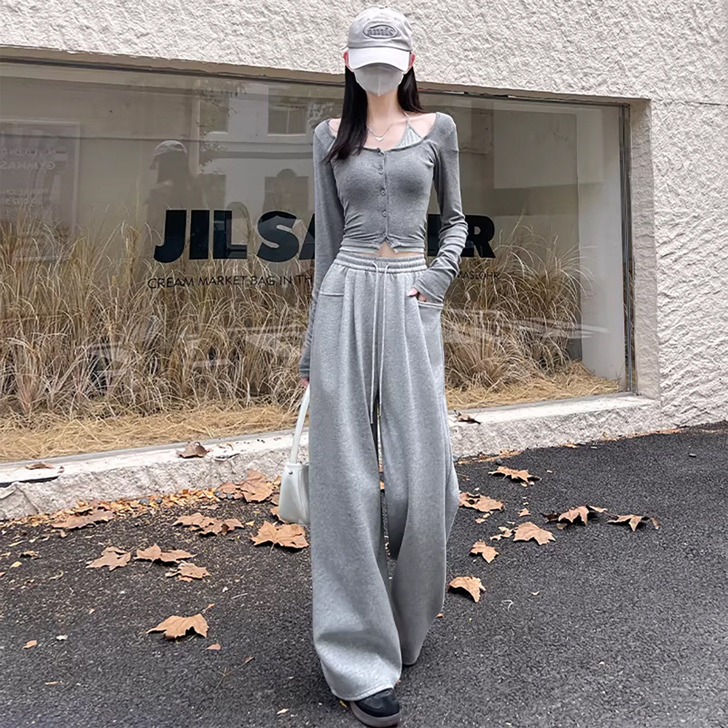 灰色运动裤女秋冬2026新款爆款休闲直筒加绒卫裤小个子窄版阔腿裤