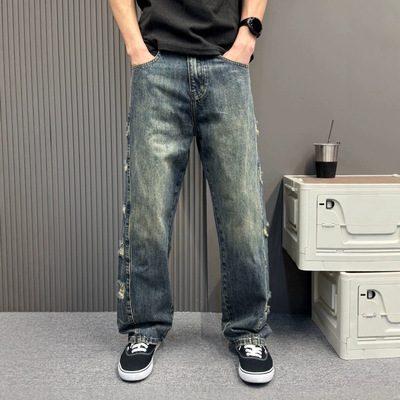 高街风侧边撕裂破洞复古黄泥蓝牛仔裤男垂感宽松直筒潮流长裤子