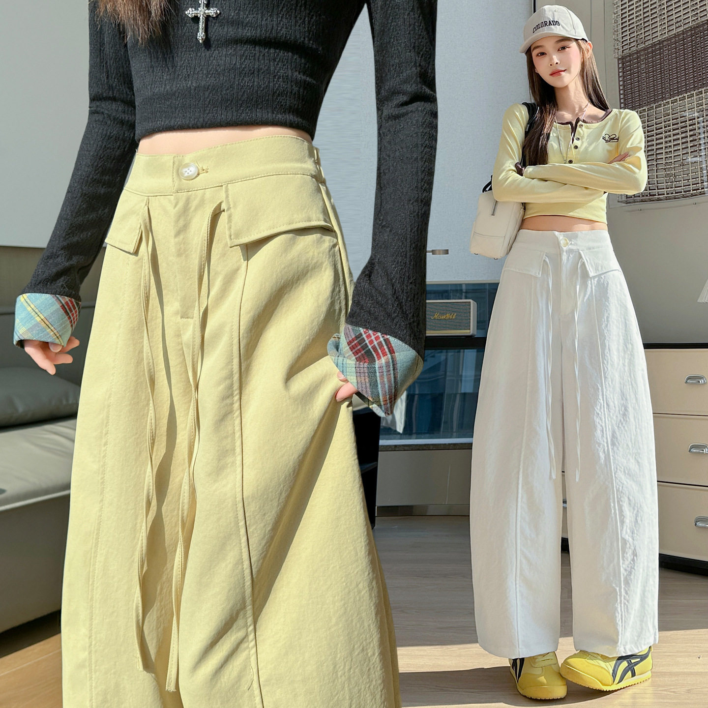 2026春新款设计感高腰阔腿西装休闲裤女松紧腰宽松直筒垂感直筒裤,女装/女士精品,休闲裤,淘宝优惠券,粉丝福利购,淘宝优惠卷