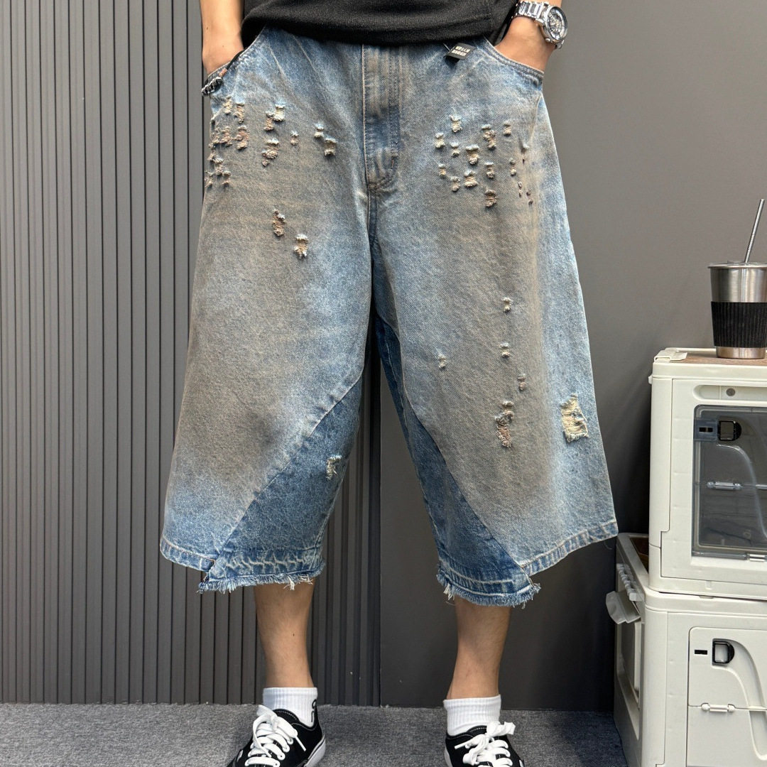 高街情侣做旧脏染水洗拼接宽松阔腿七分裤废土风复古牛仔短裤潮牌
