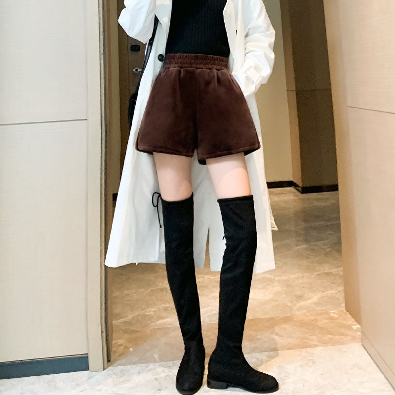 金丝绒短裤女士秋冬季外穿2026新款加绒加厚毛呢a字黑色打底靴裤