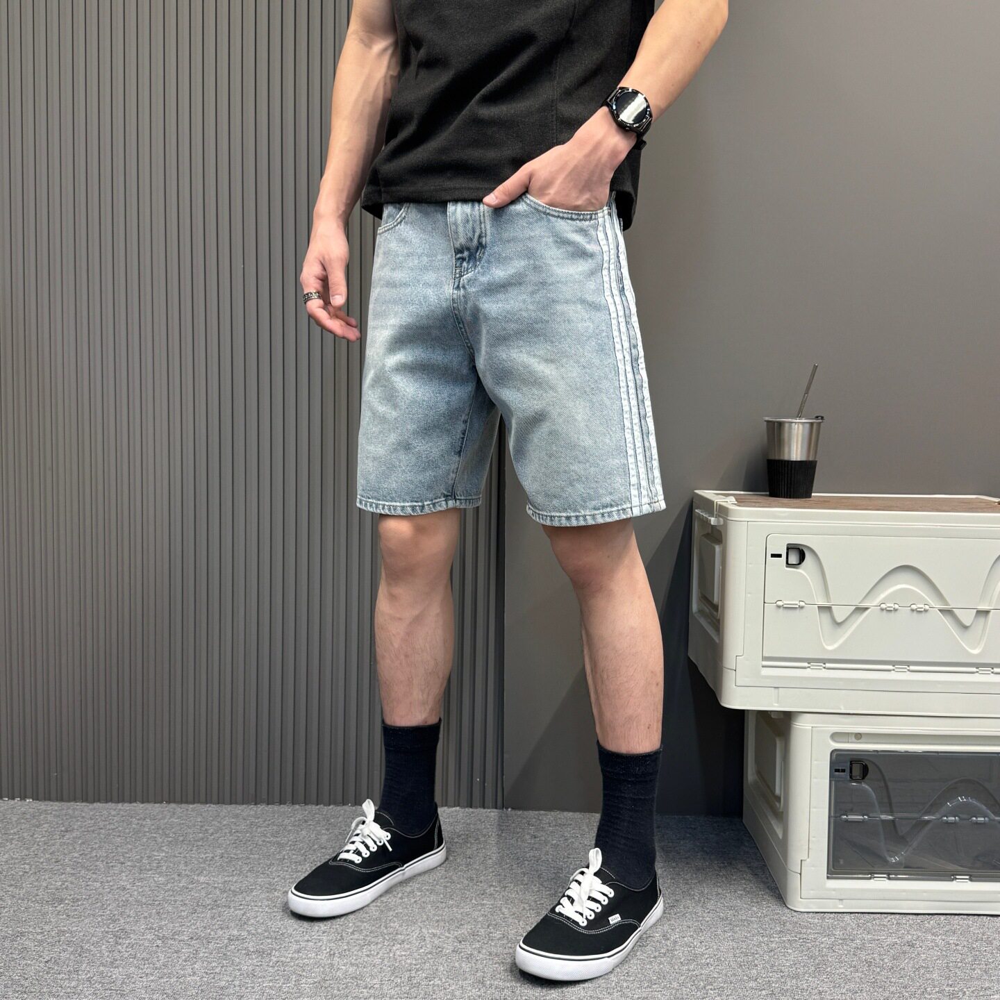 日系复古拼接条纹潮牌高街牛仔短裤男大码宽松直筒中裤夏季五分裤