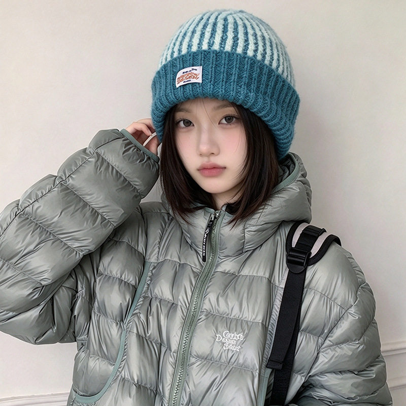 条纹针织拼色毛线帽女秋冬季保暖宽松大头围冷帽护耳防寒包头帽子