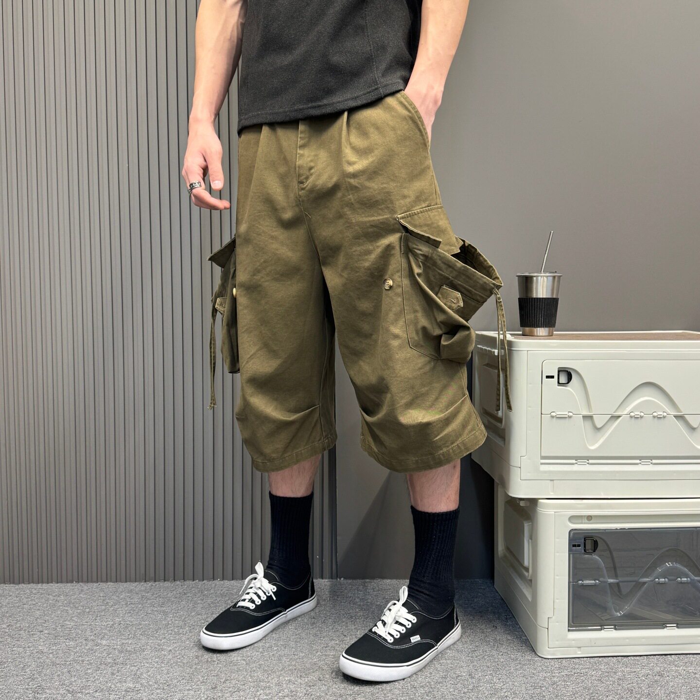 日系立体大口袋复古阔腿工装七分裤个性男女宽松休闲直筒伐木短裤