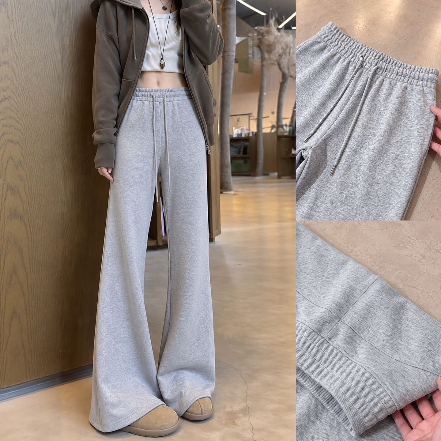 浅灰微喇裤秋冬季女装裤子爆款小个子高腰显瘦休闲运动裤百搭女裤