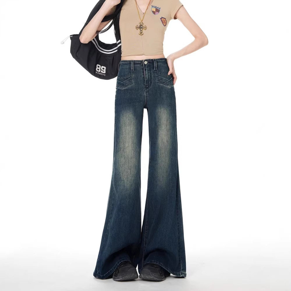 美式复古高腰喇叭牛仔裤女2026新款梨型身材不贴腿垂感阔腿微喇裤