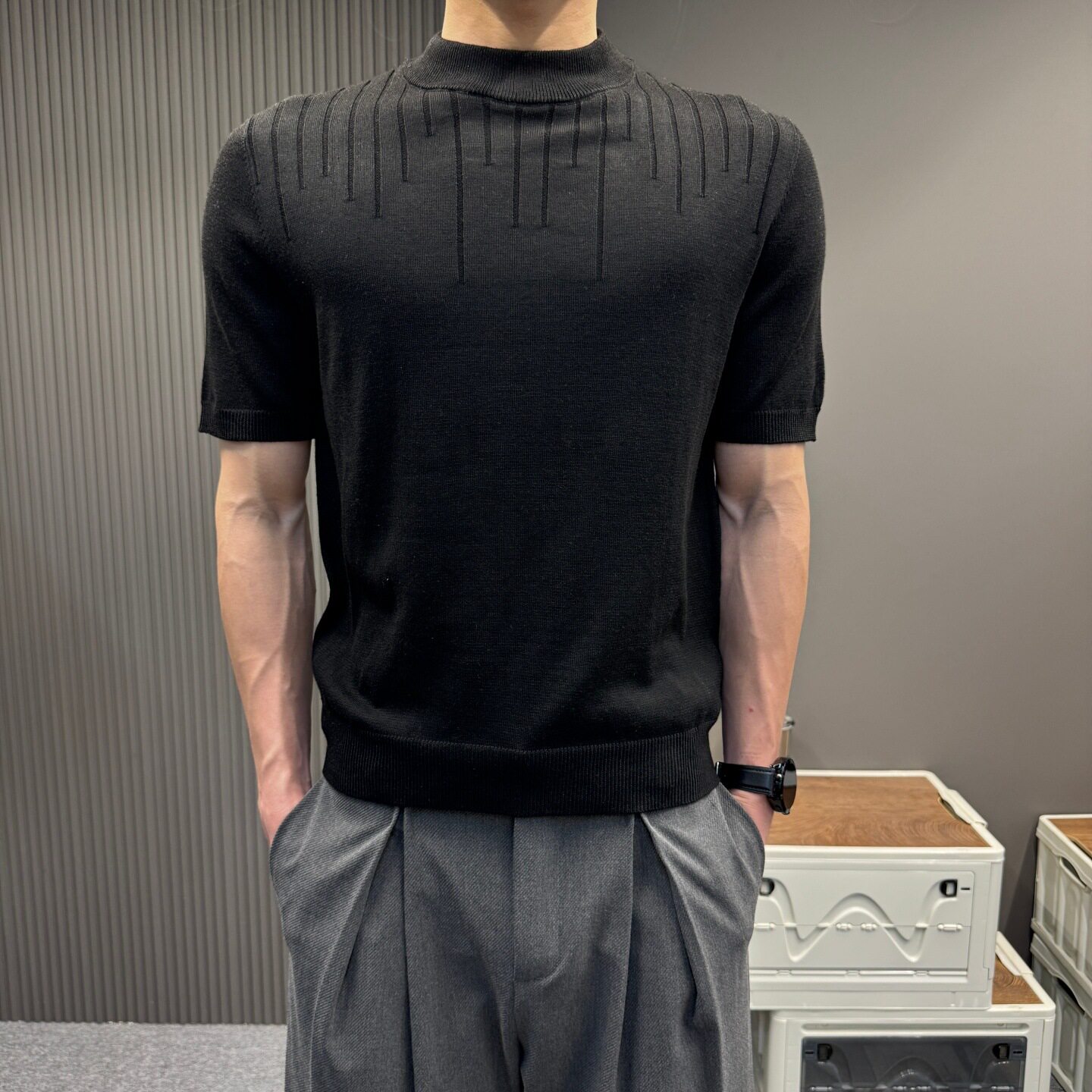 老钱风线条提花针织短袖男款夏季正肩舒适亲肤修身收腰半袖上衣