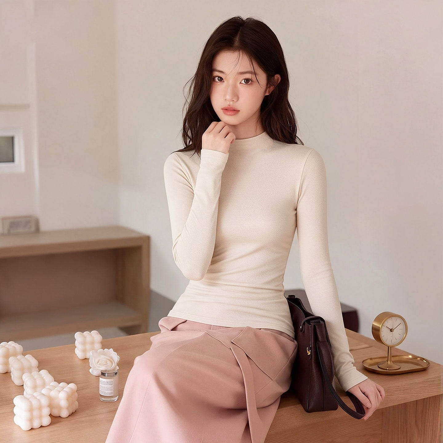 莫代尔半高领打底衫女秋季2026新款上衣修身显瘦中领长袖内搭t恤