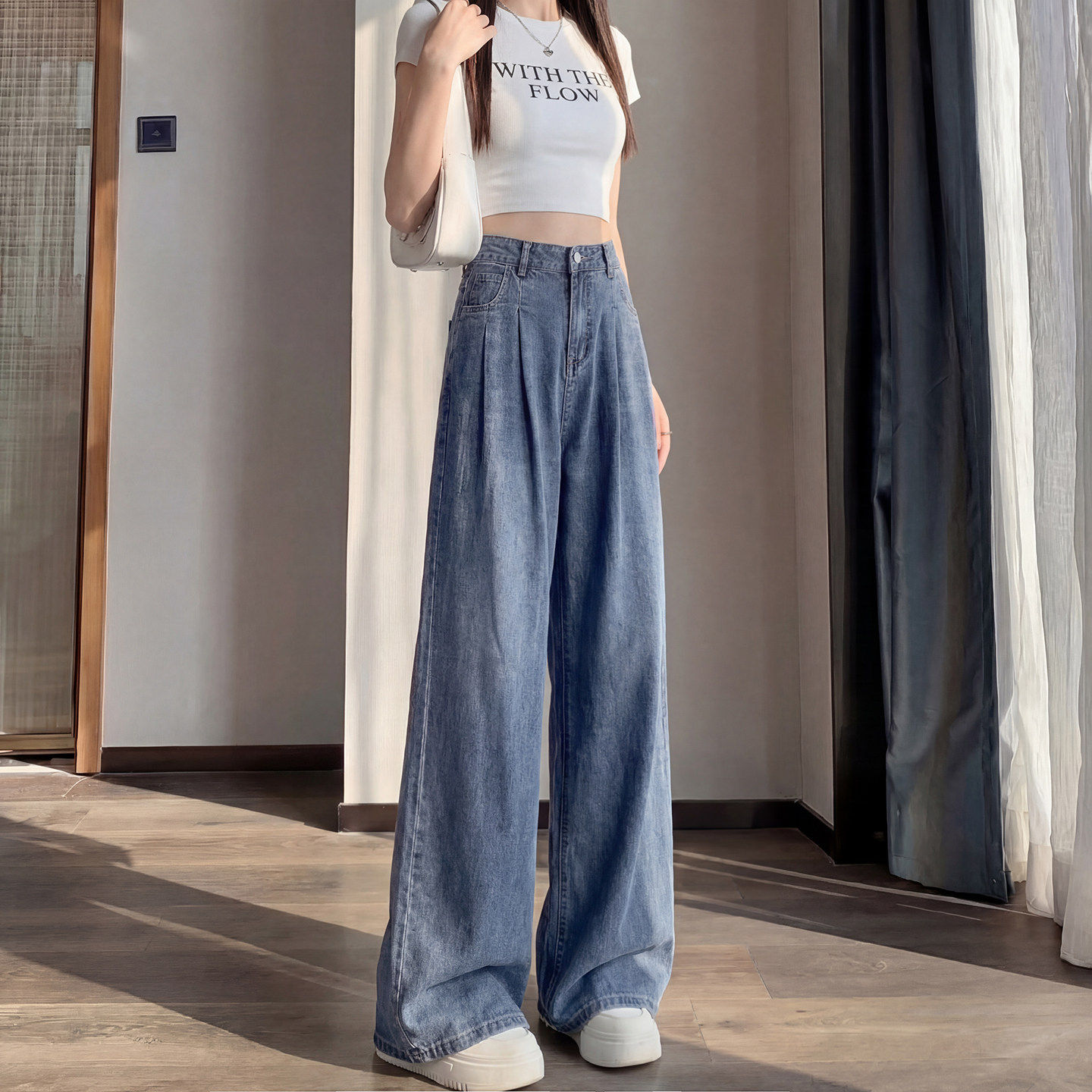 天丝牛仔裤女2026新款夏季薄款高腰垂感窄版直筒小个子冰丝阔腿裤