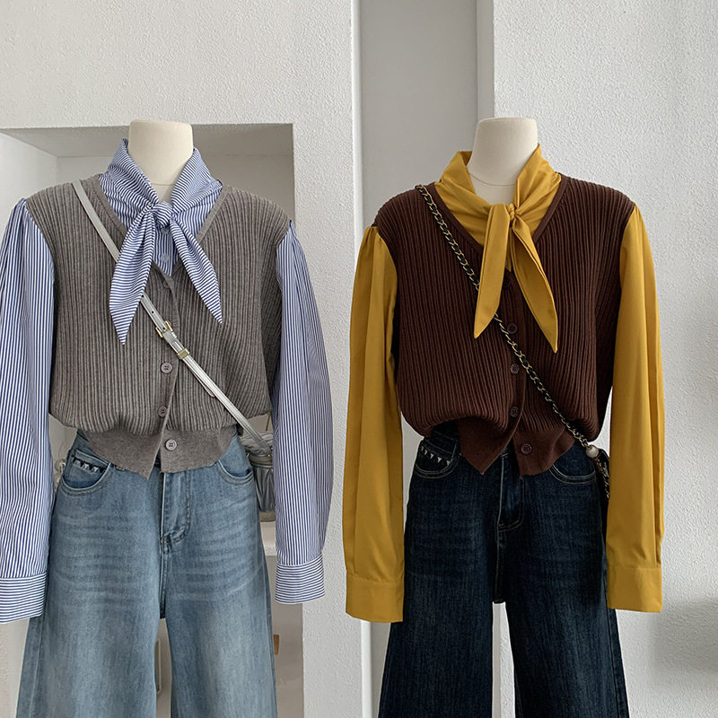 欧玛莱 系带领结假两件衬衫针织拼接设计感长袖开衫上衣实拍 5913