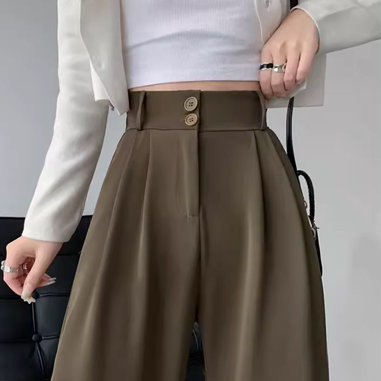 咖色西装裤女裤2026新款春秋高腰垂感西裤直筒小个子窄版阔腿裤子