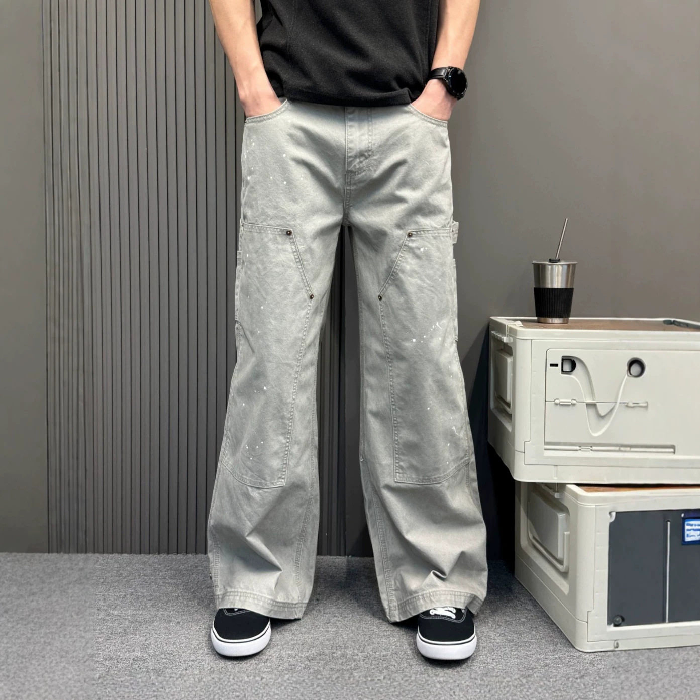 小众设计感泼墨工装牛仔裤男水泥灰铆钉加固宽松阔腿垂感高街长裤