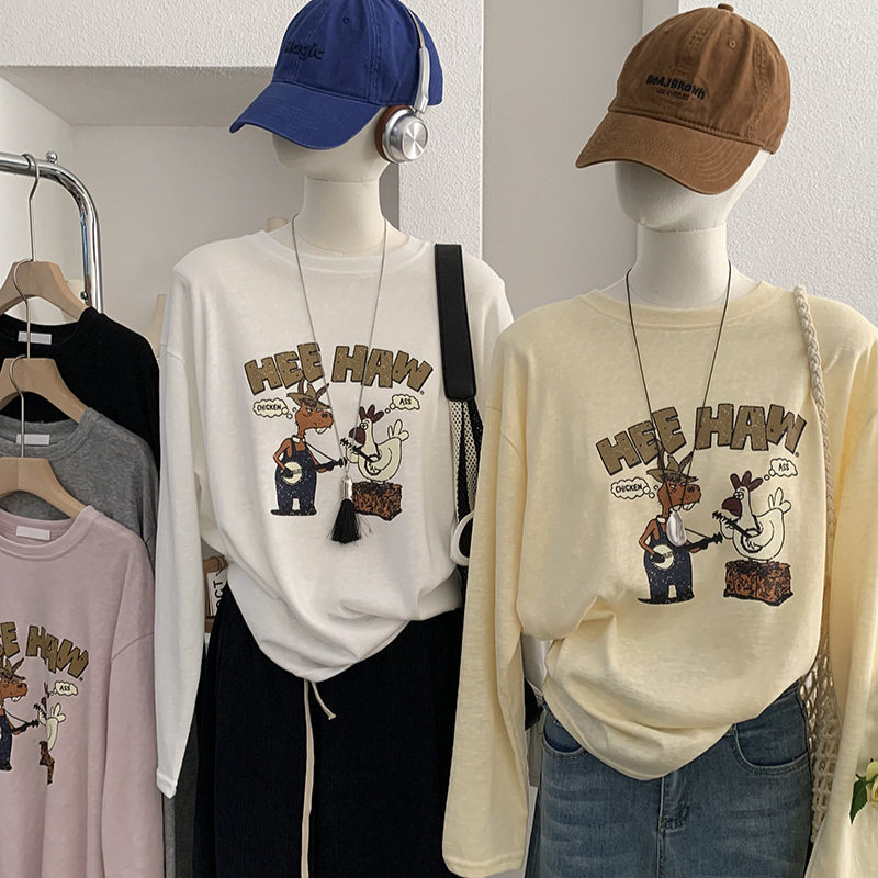 欧玛莱 2026春季新款韩版宽松百搭圆领卡通印花长袖T恤女实拍6320