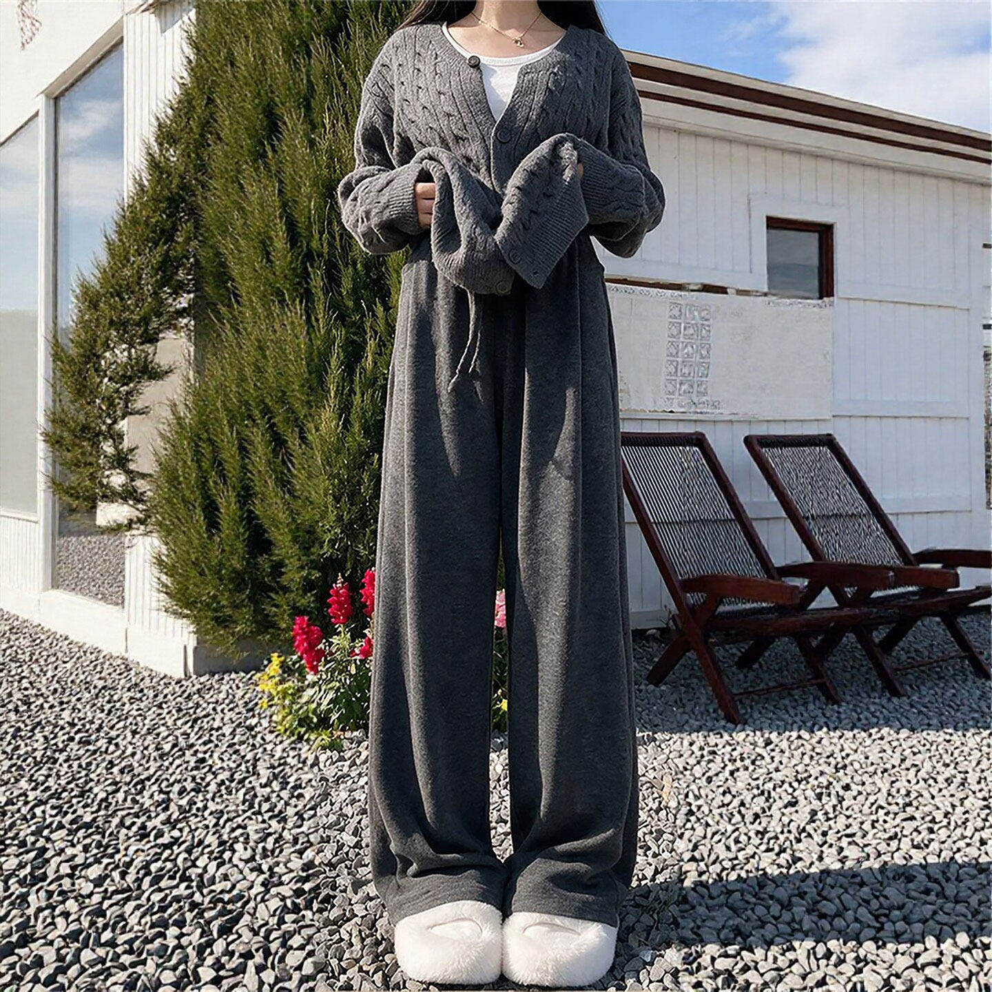 糯米裤女2026新款秋冬灰色垂感随性裤宽松慵懒松弛感穿搭阔腿裤子