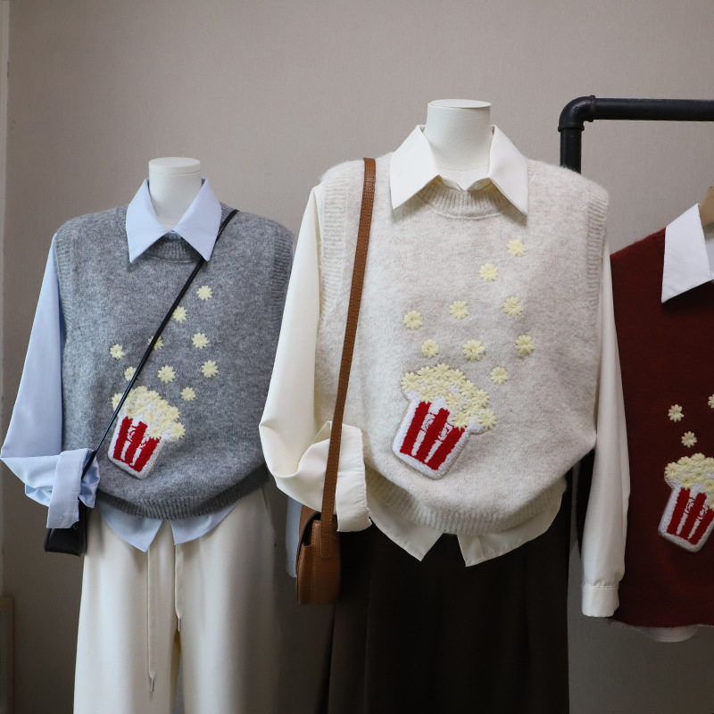 [比正]2025秋冬新款韩版时尚两件套磨毛衬衫+提花针织马甲女5691