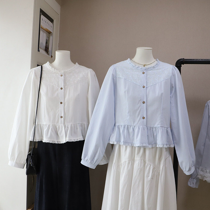 [比正]2026春季新品韩系设计感小清新减龄显瘦短款长袖衬衫女6025