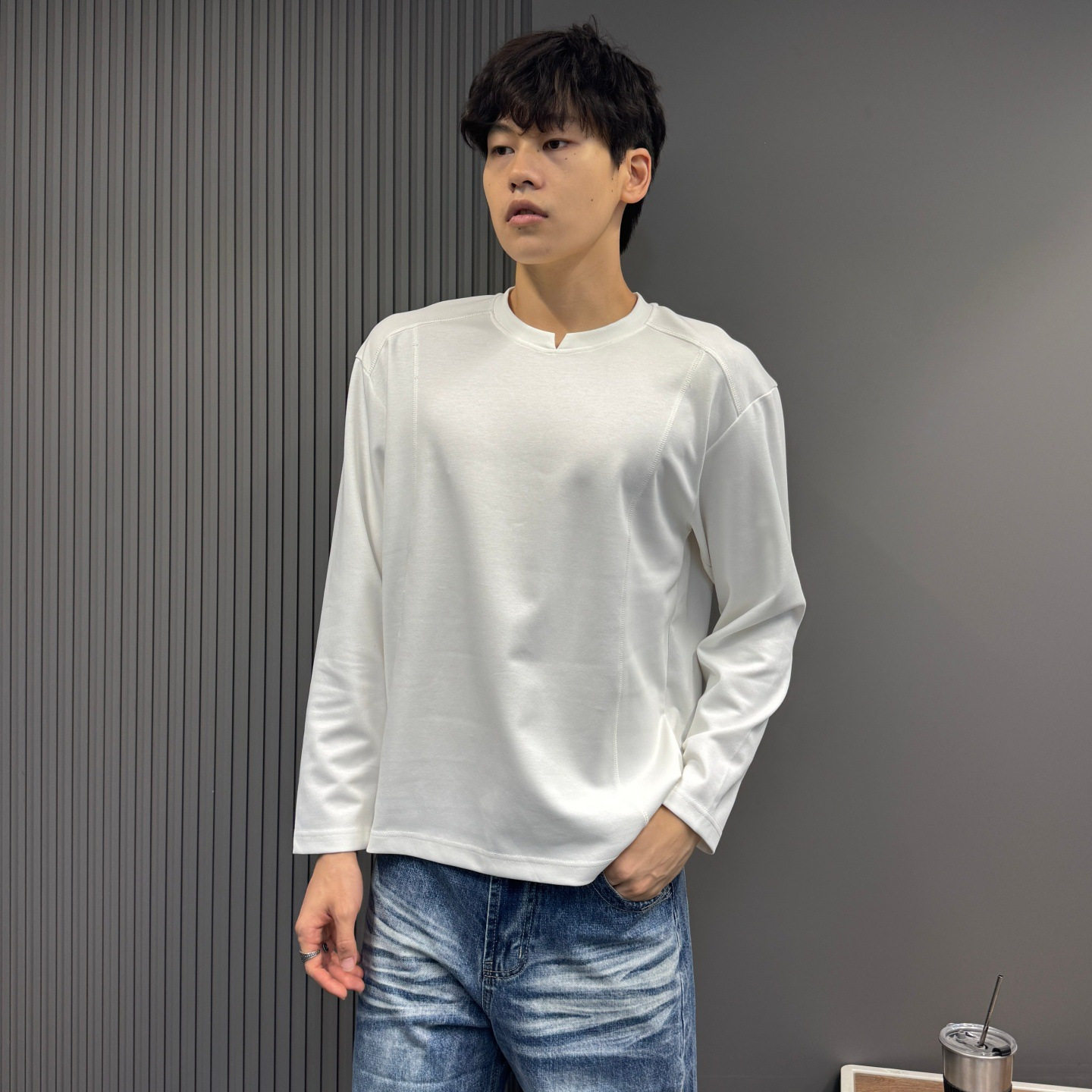 美式复古小V领长袖T恤男士潮牌宽松休闲打底衫痞帅慵懒风上衣潮