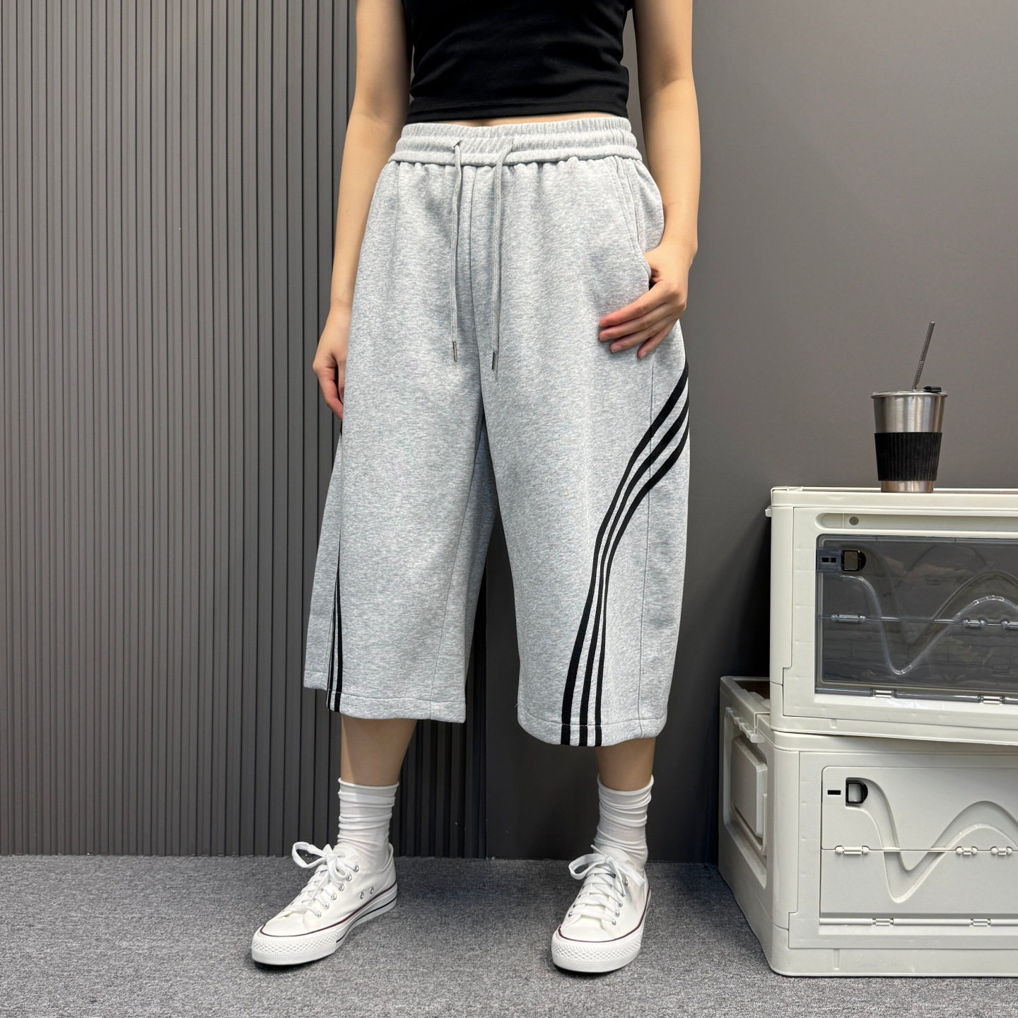 美式复古抽绳宽松灰色七分裤男女夏季新款运动百搭休闲卫裤中裤潮