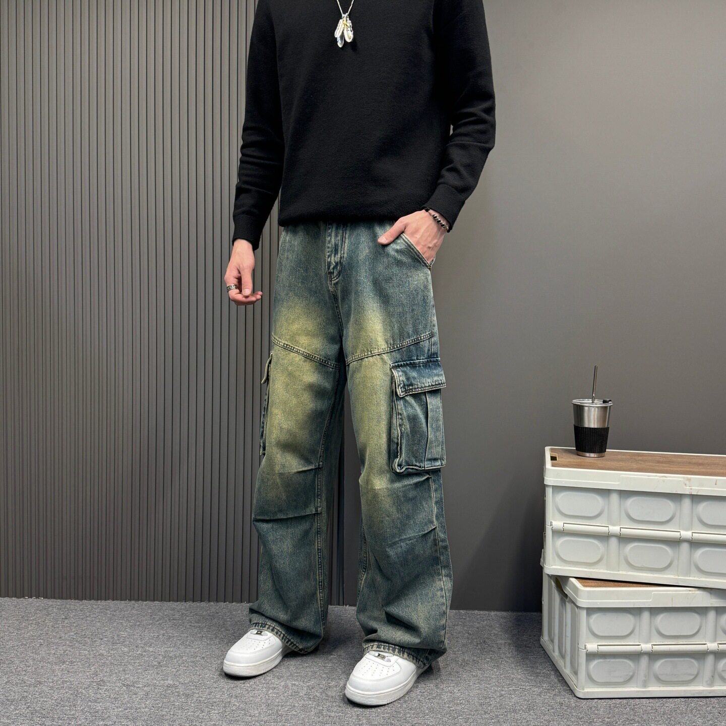 美式复古多口袋工装牛仔裤男女中性春秋季直筒宽松阔腿潮牌长裤子