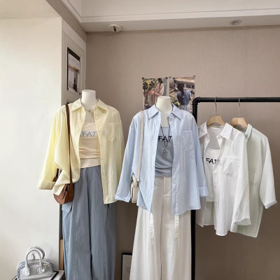 [比正]2026春夏新品韩版女装简约气质净版宽松中长款防晒衬衫6155