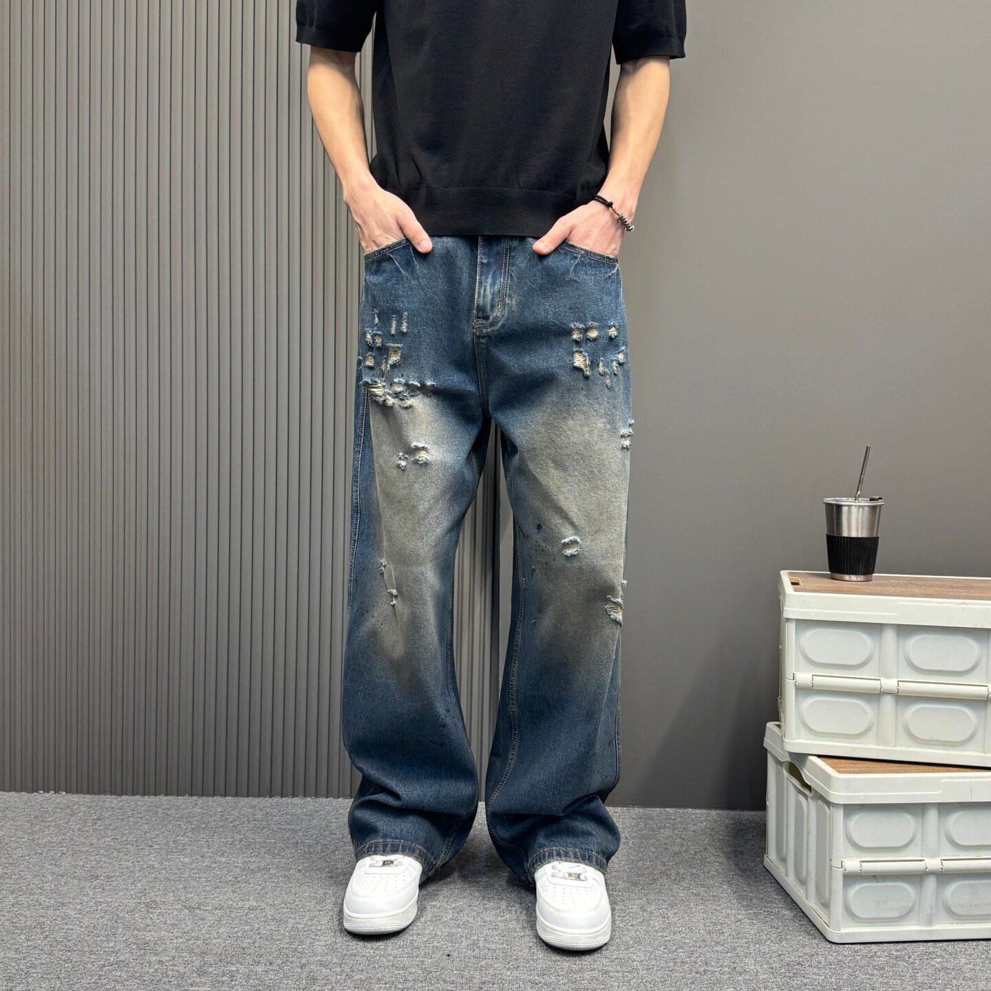 美式街头水洗做旧破洞牛仔裤男宽松直筒长裤高街风痞帅破裤子潮