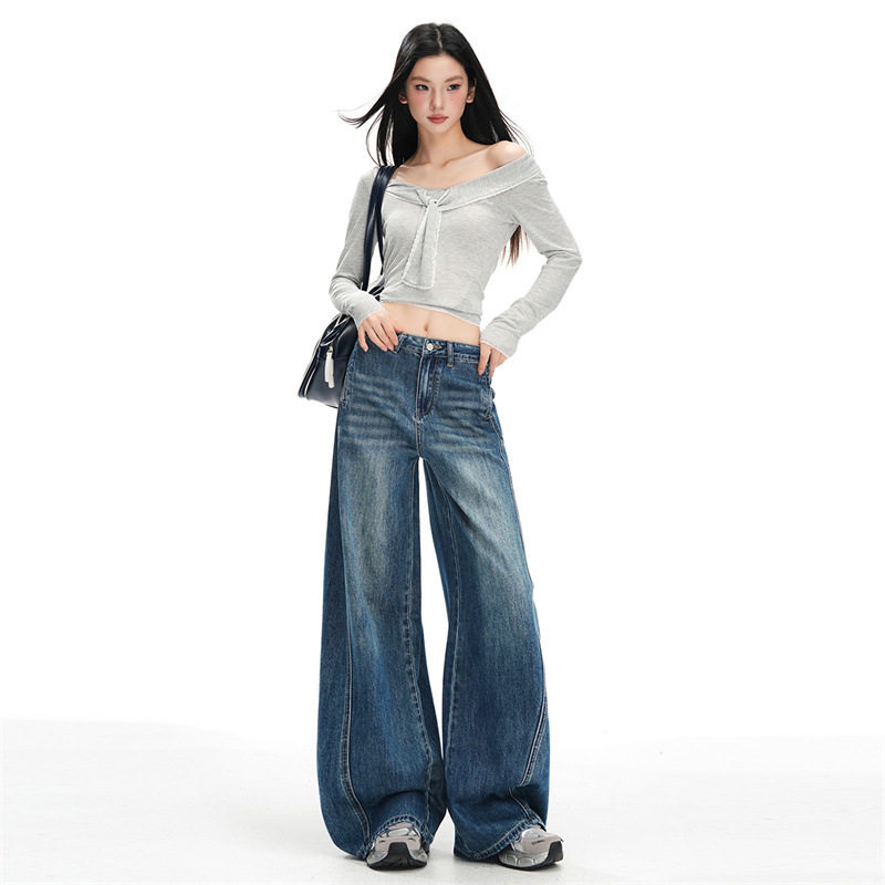 萝卜大叔复古蓝破骨设计感阔腿牛仔裤女2026春季新款宽松拖地裤子