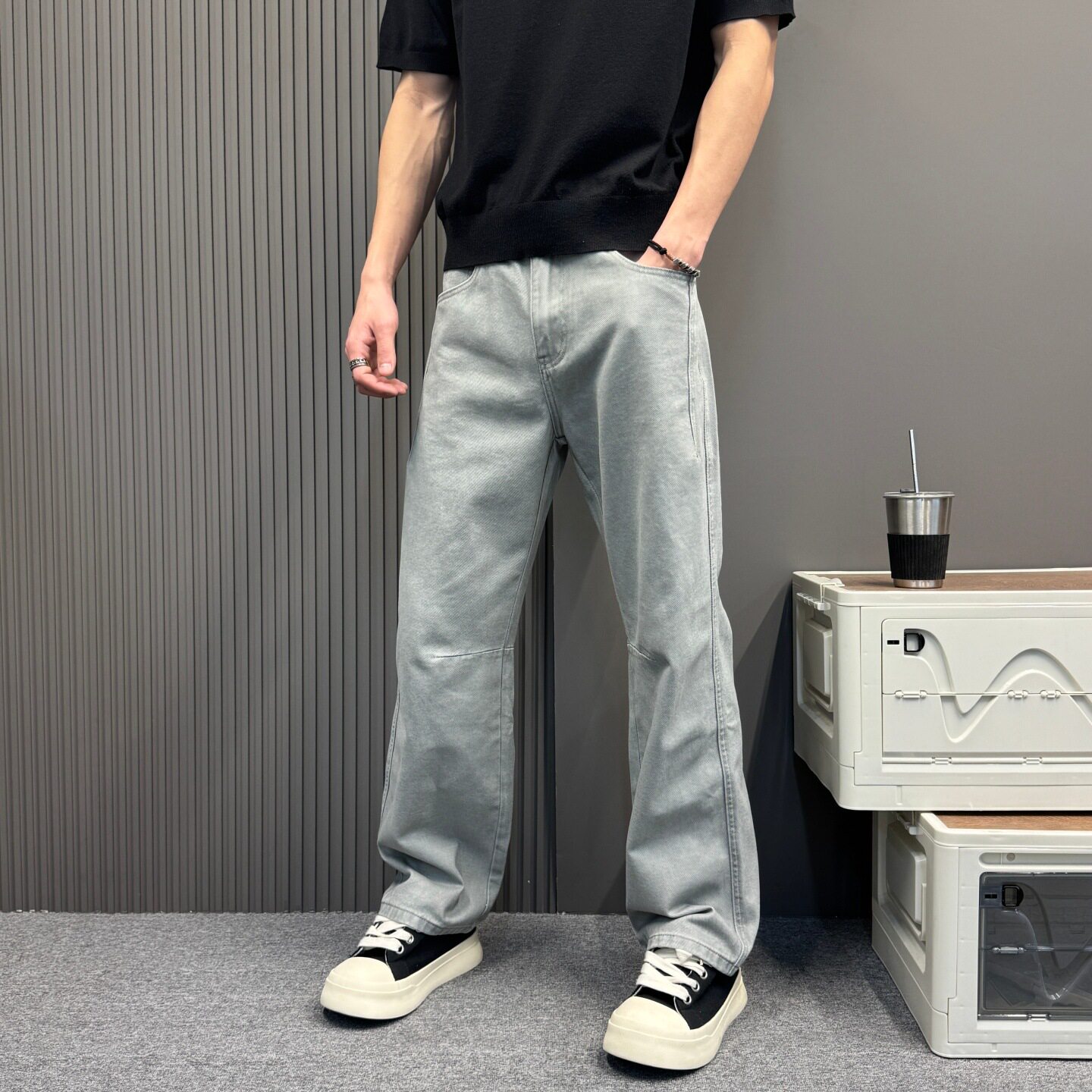 春季新款宽松直筒牛仔裤男士潮牌高街阔腿裤复古痞帅慵懒风长裤