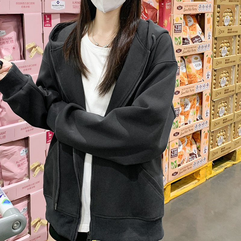 灰色连帽卫衣女秋冬季加绒加厚2026新款美式慵懒宽松上衣开衫外套