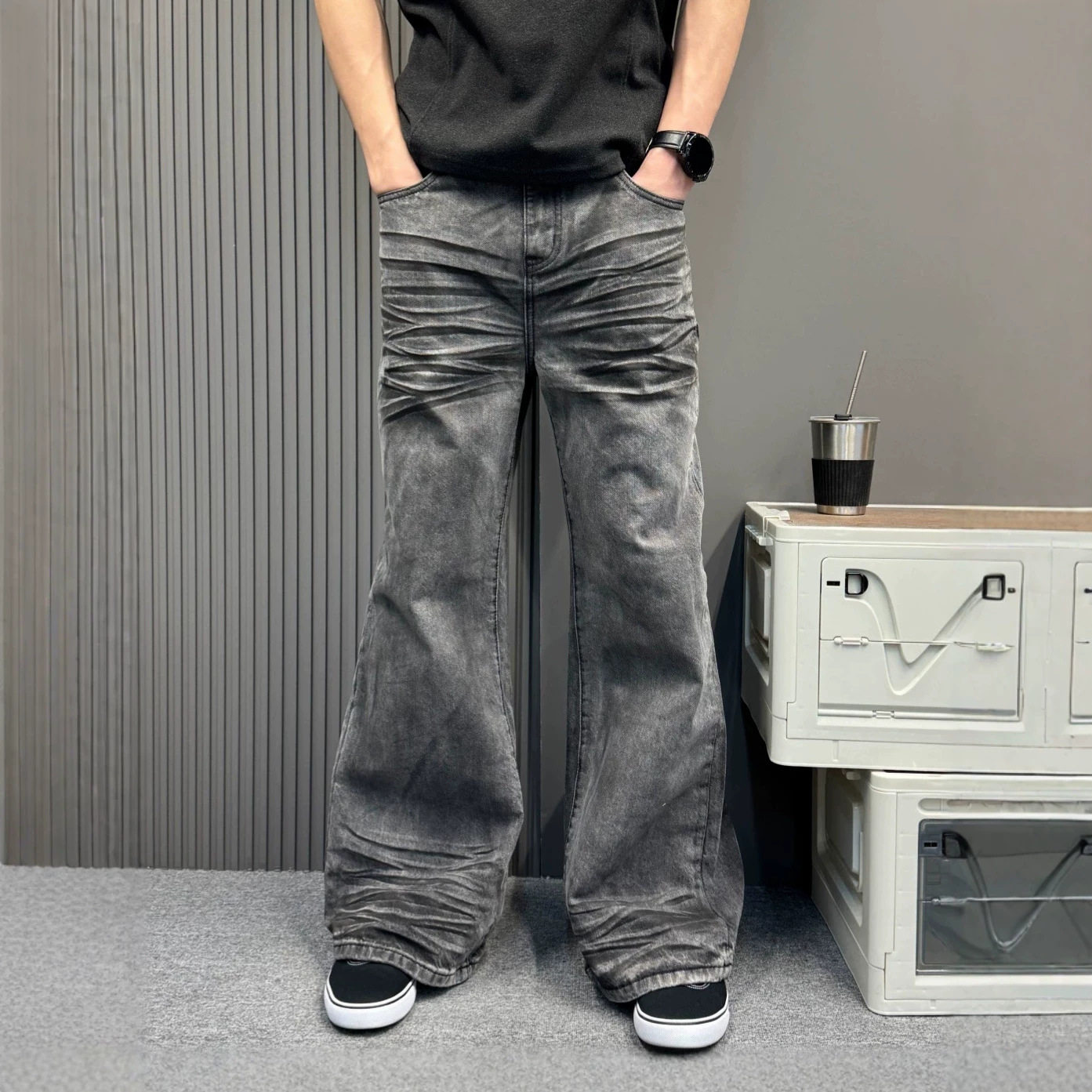 烟灰色水洗褶皱阔腿牛仔裤男cleanfit风直筒宽松显瘦美式复古长裤