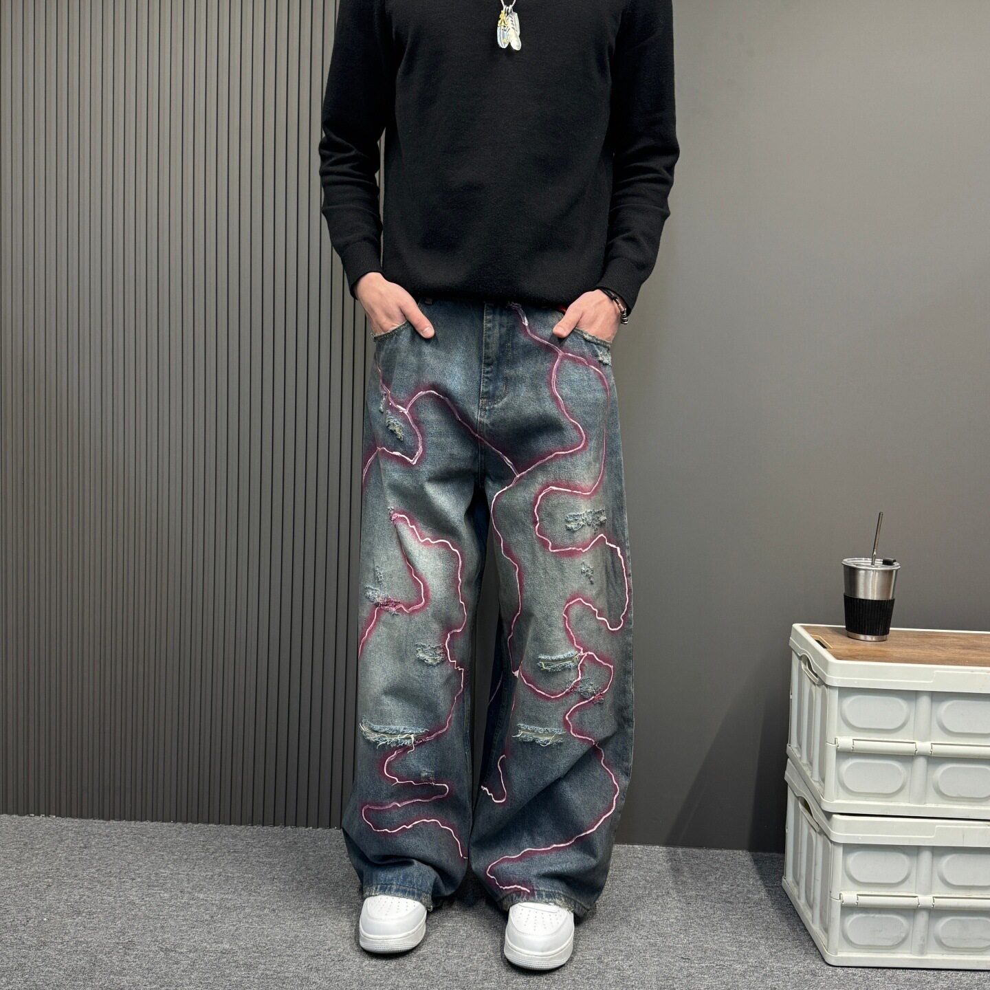 复古水洗做旧水波纹印花阔腿牛仔裤男款潮流刮烂破洞补丁直筒长裤