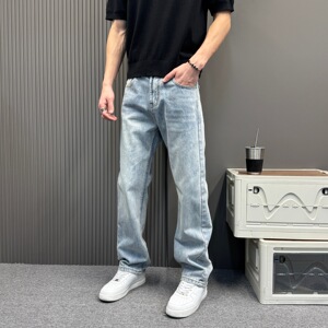 春夏季潮牌百搭痞帅水洗浅色系宽松哈伦直筒休闲户外男士牛仔裤子
