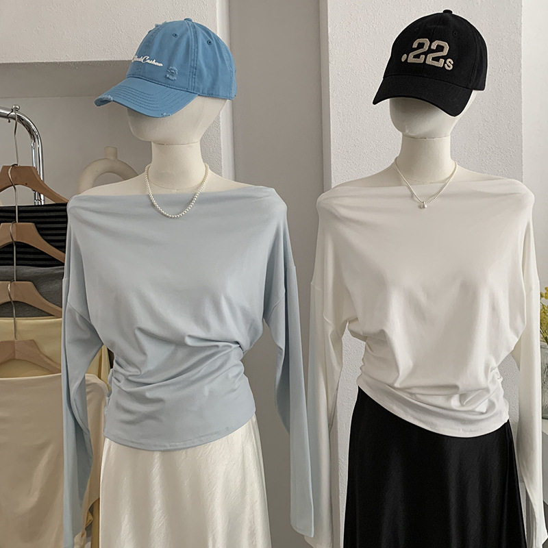 欧玛莱 一字领漏肩纯色收腰显瘦长袖T恤女气质百搭时尚上衣潮6412,女装/女士精品,T恤,淘宝优惠券,粉丝福利购,淘宝优惠卷