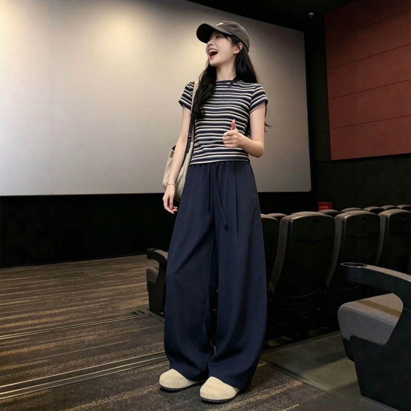 藏青色亚麻阔腿裤女夏季薄款2026新款小个子棉麻宽松慵懒风弯刀裤