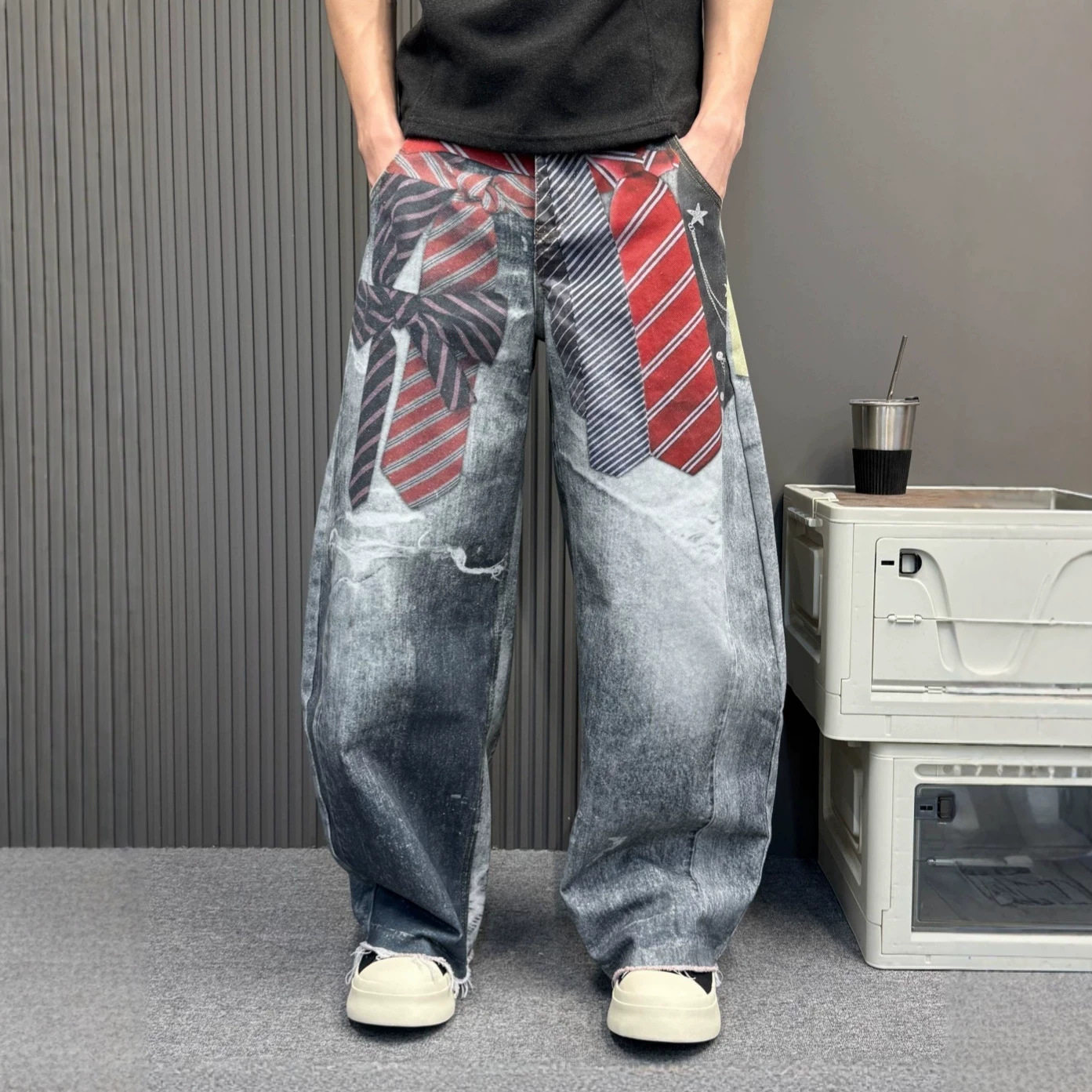 学院风领带满印牛仔裤男女同款渐变水洗破洞宽松阔腿拖地休闲长裤