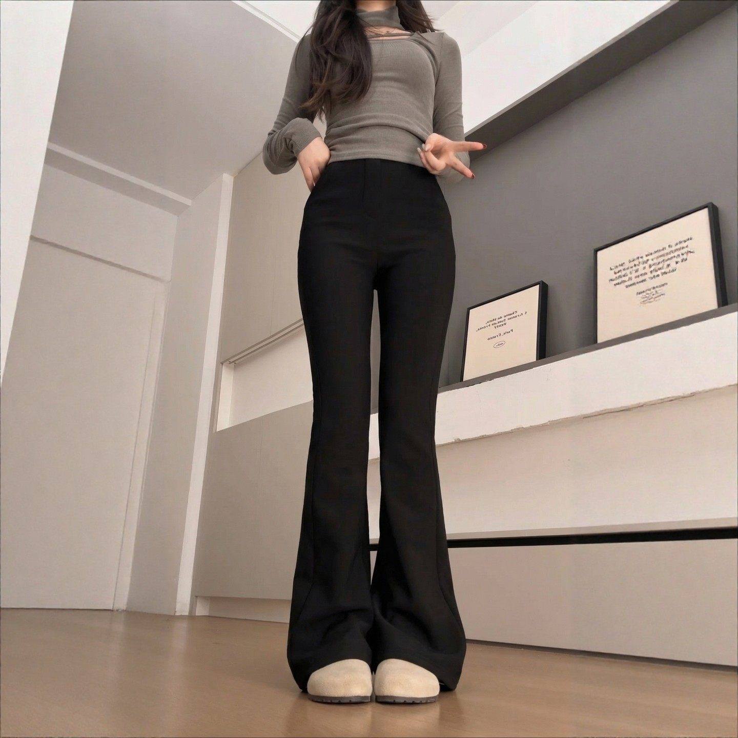 黑色微喇叭裤女裤子2025新款秋冬季加绒小个子胖mm大码显瘦西装裤