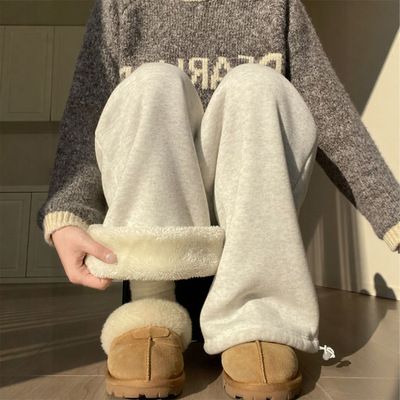 加绒阔腿裤女2025新款秋冬季加厚卫裤小个子棉裤外穿羊羔绒运动裤