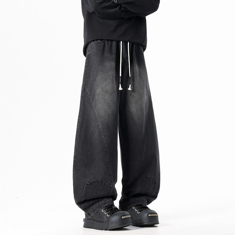 松紧腰潮牌拼接牛仔裤男春季美式高街直筒长裤复古水洗做旧裤子