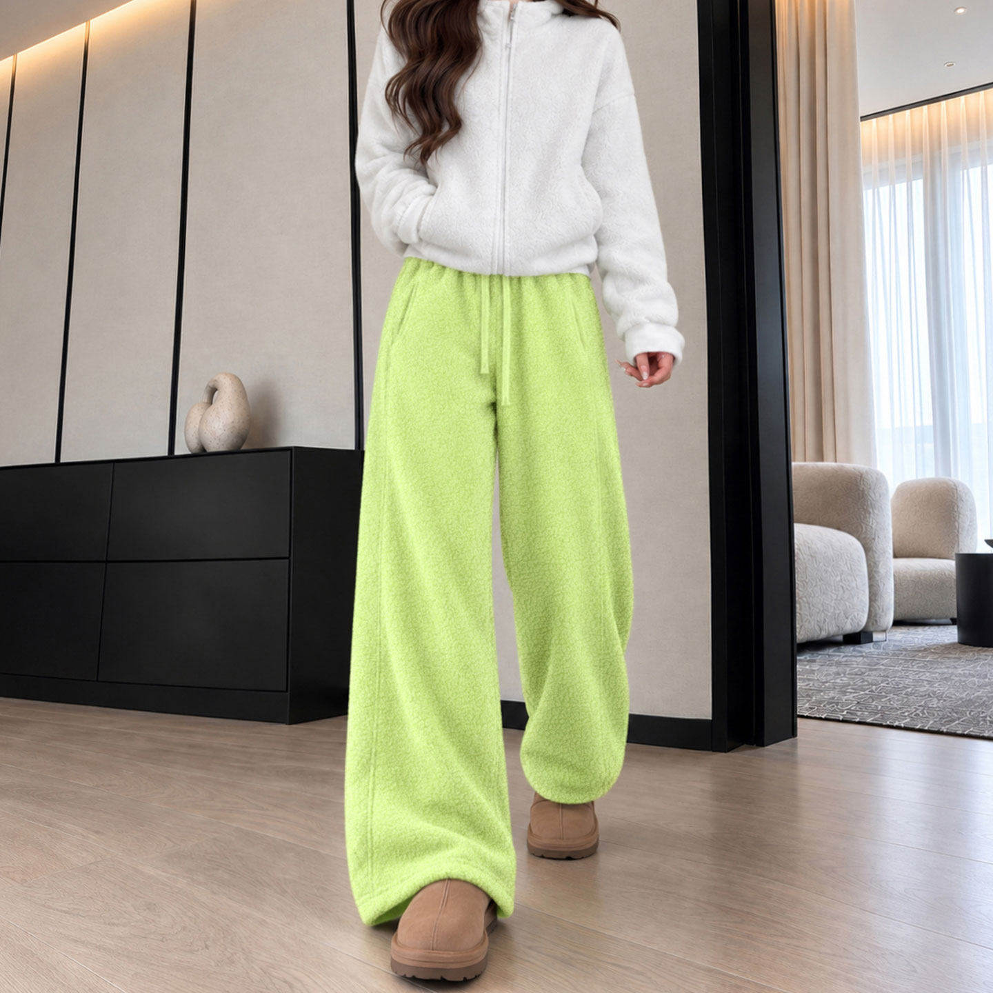 摇粒绒重磅休闲卫裤女2026秋冬加绒加厚果绿色外穿保暖弯刀运动裤