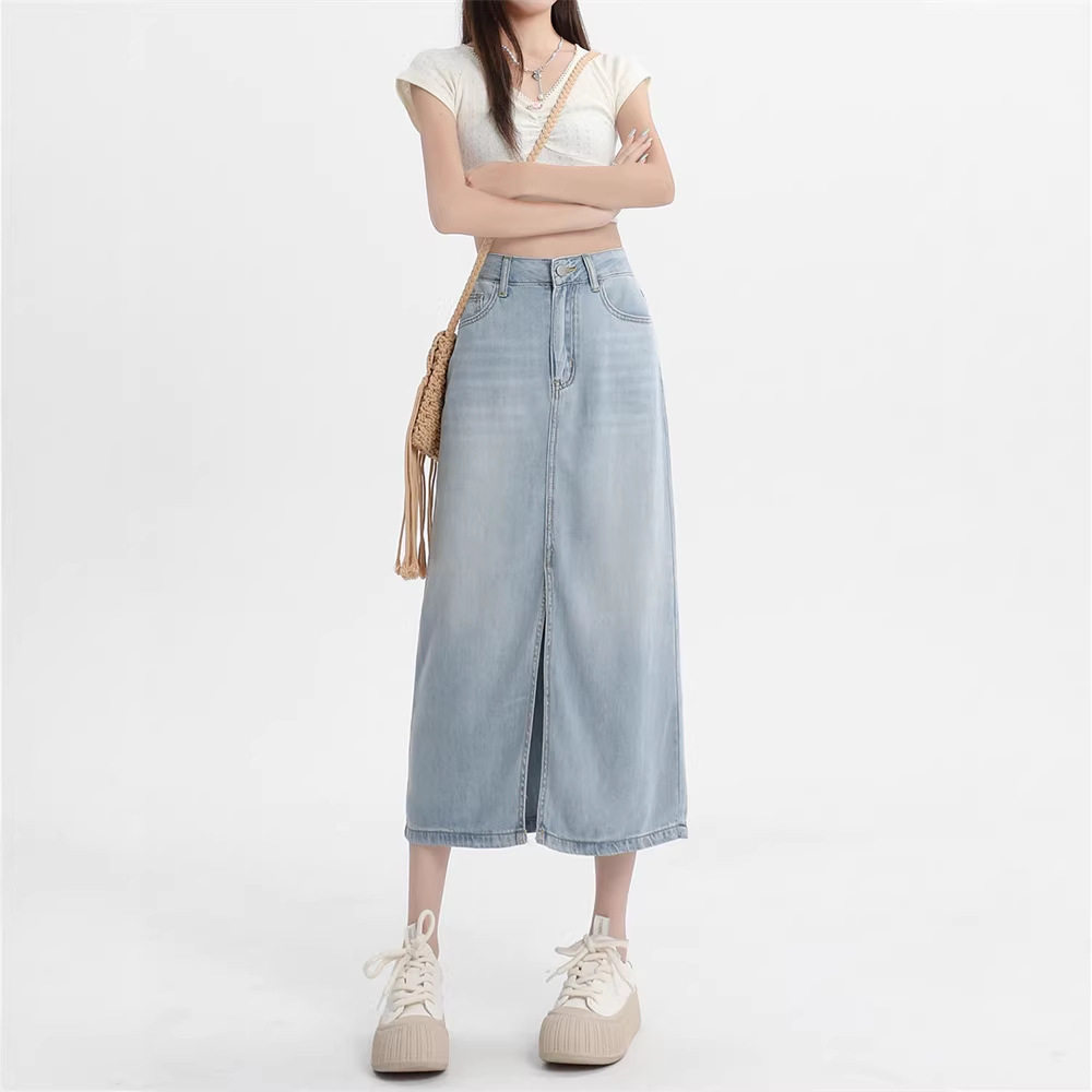 开叉天丝牛仔半身裙女2026春秋薄款显瘦高腰直筒冰丝垂感a字长裙