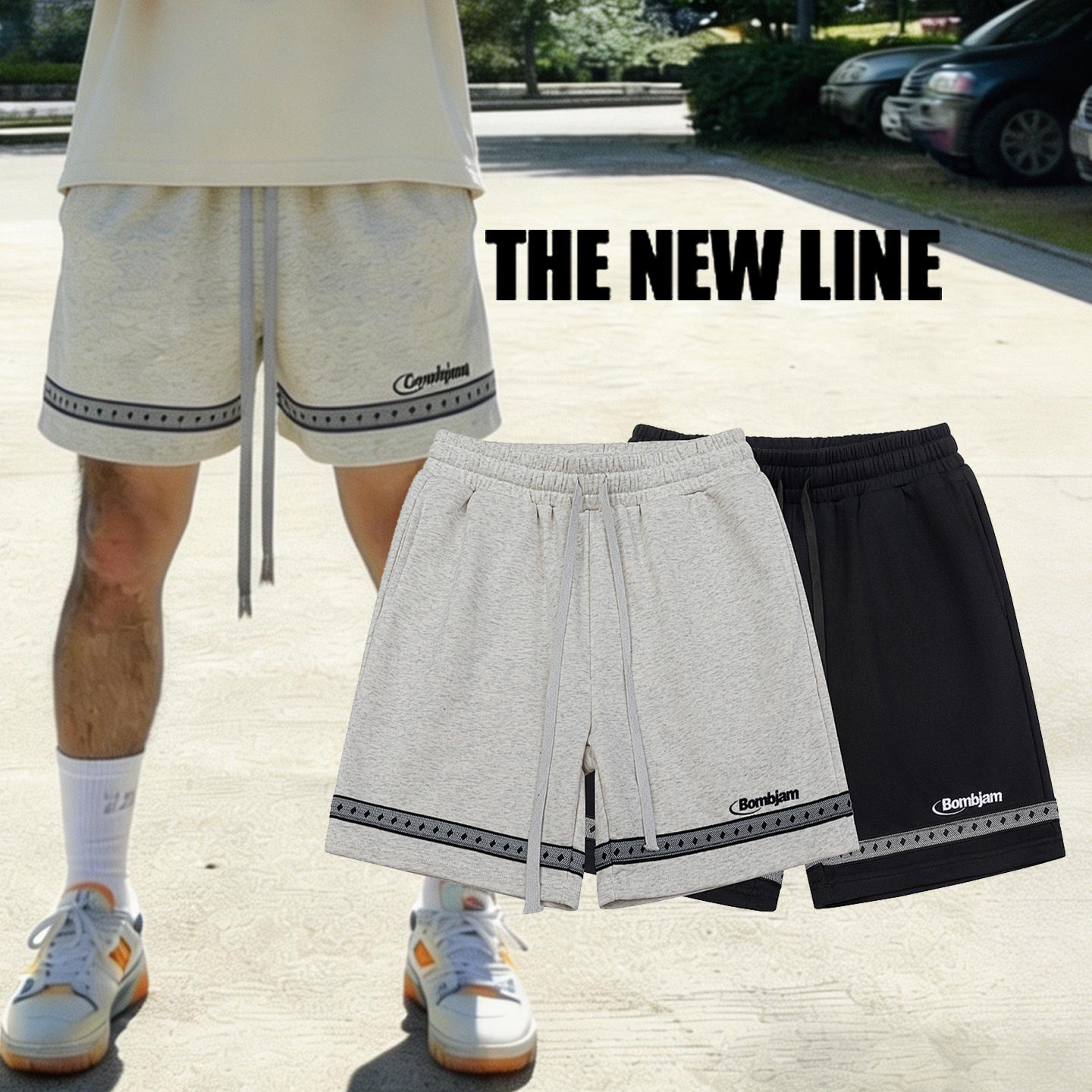 300克毛圈刺绣织带拼接四分短裤男夏季美式宽松休闲运动潮牌炸街